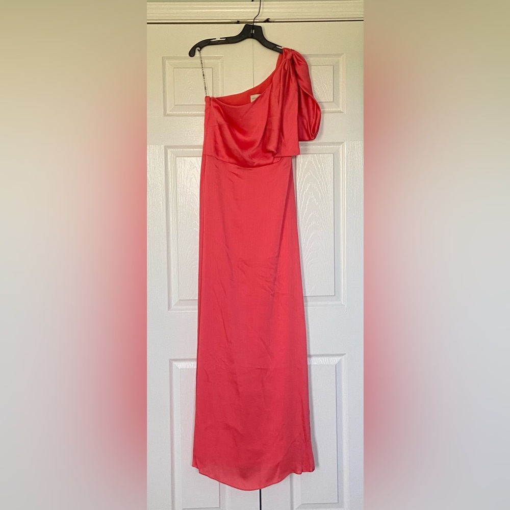Coral, one-shoulder, maxi dress, Sachin & Babi